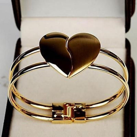 Womens Fashion Elegant Bangle Gold Tone Cuff Heart Bracelet
