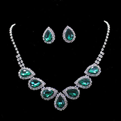 Green Emerald Pear Cut Swarovski Crystal Elements Clip on Earrings Necklace Sets