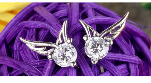 925 Sterling Silver Angel Wings Crystal Stud Earrings