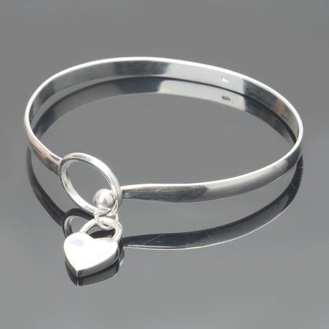 925 Sterling Silver Charm Peach Heart Bangle Bracelet
