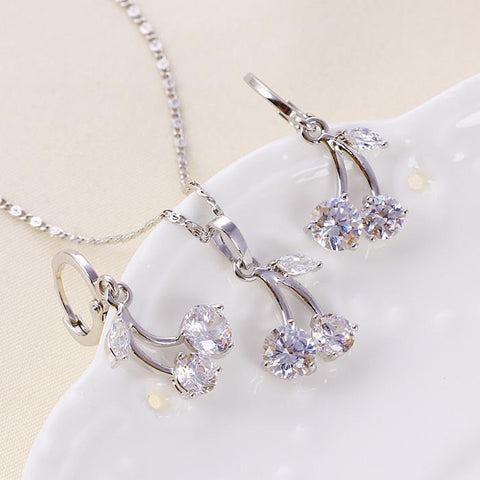 Cherry 18k White Gold GF Swarovski Austrian Crystals Lady Necklace Earrings Set