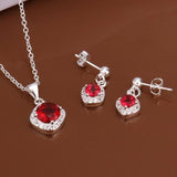 925 Sterling Silver Filled Ruby Necklace Earrings Ring Set