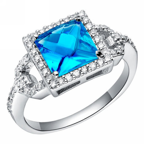 925 Sterling Silver CZ Ring  W /Blue Square Crystal Stone