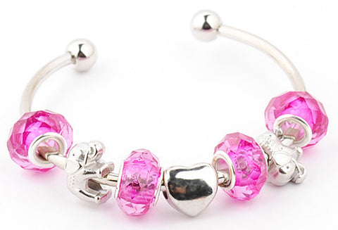 Handmade Pink Glaze Porcelain Beads Murano Glass & Metal European Charm Bracelet