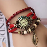 Women's Leather Bracelet leaf Decoration Quartz Wrist Watch